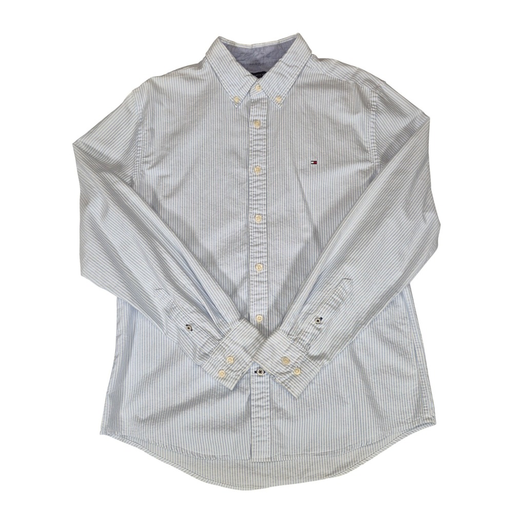 Tommy Hilfiger Mens Large Custom Fit Blue White Striped Oxford Button Down Shirt